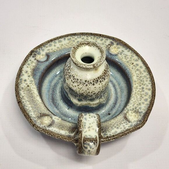 Alewine Pottery 4" Candle Holder Handle Brown Blue Speckle Incense 2011 Signed - Picture 10 of 10